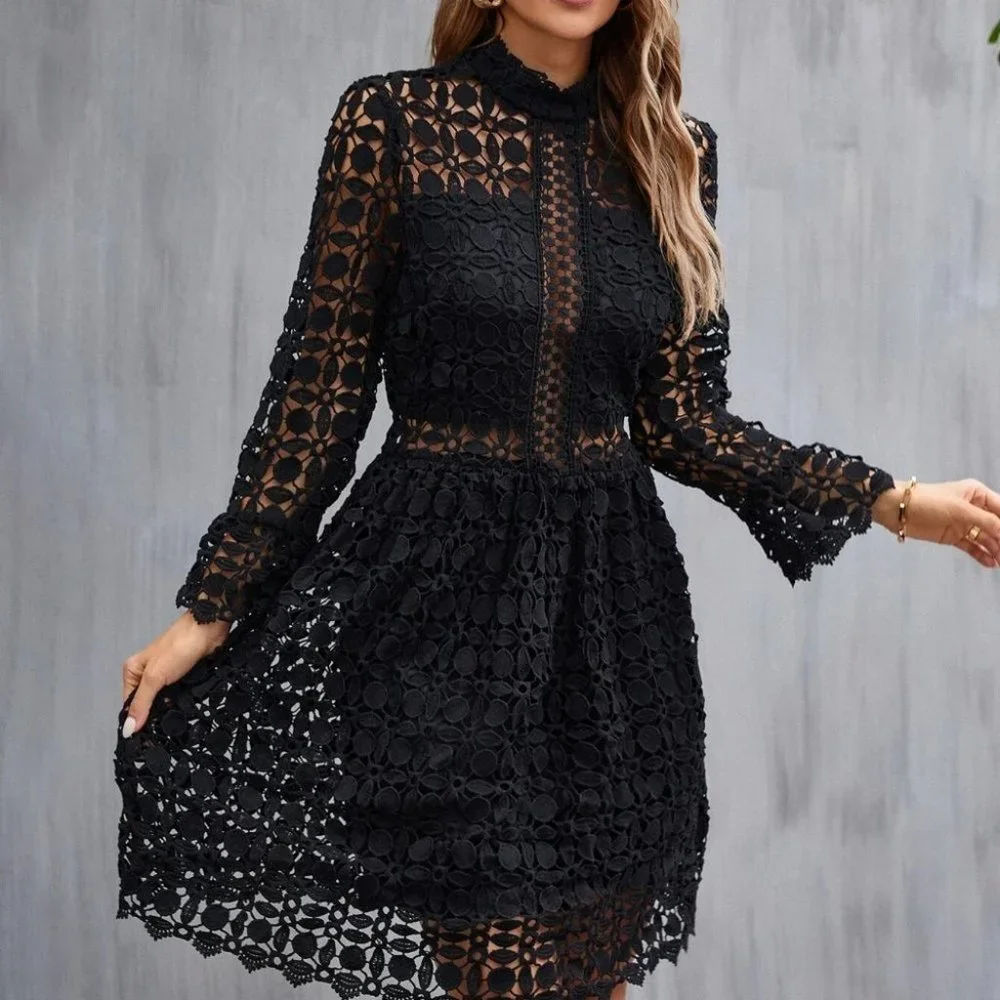 BOHO ELEGANCE Mock Neck Flounce Sleeve Lace Dress BLACK - Picture 4 of 6